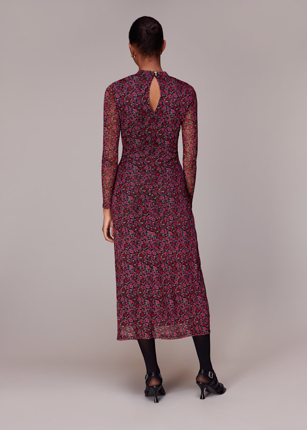 Pink Outlined Floral Tie Mesh Dress